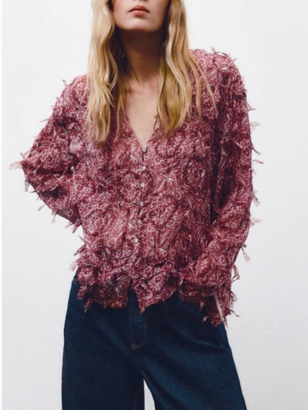 ZARA V-Neck Button Front Blouse in Burgundy Print & Fringe Detail! 🥀